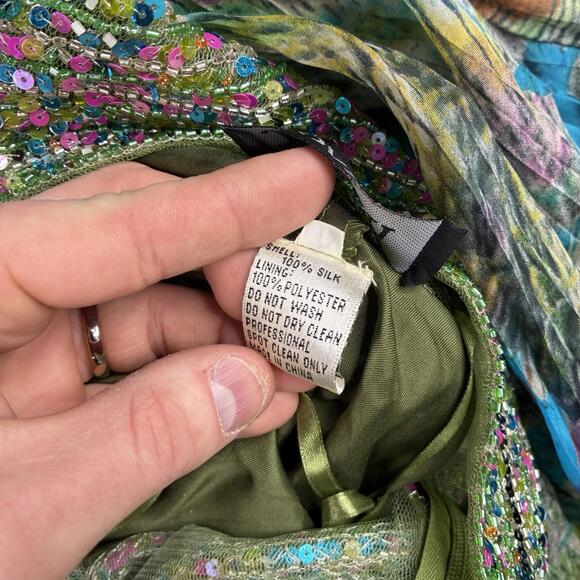 Jovani Women’s 2 Peacock Print Sequin Silk Open Back Halter Long Prom Gown Dress - Picture 10 of 12